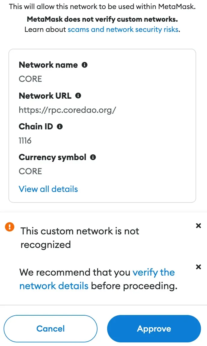 Core Network to Metamask confirm