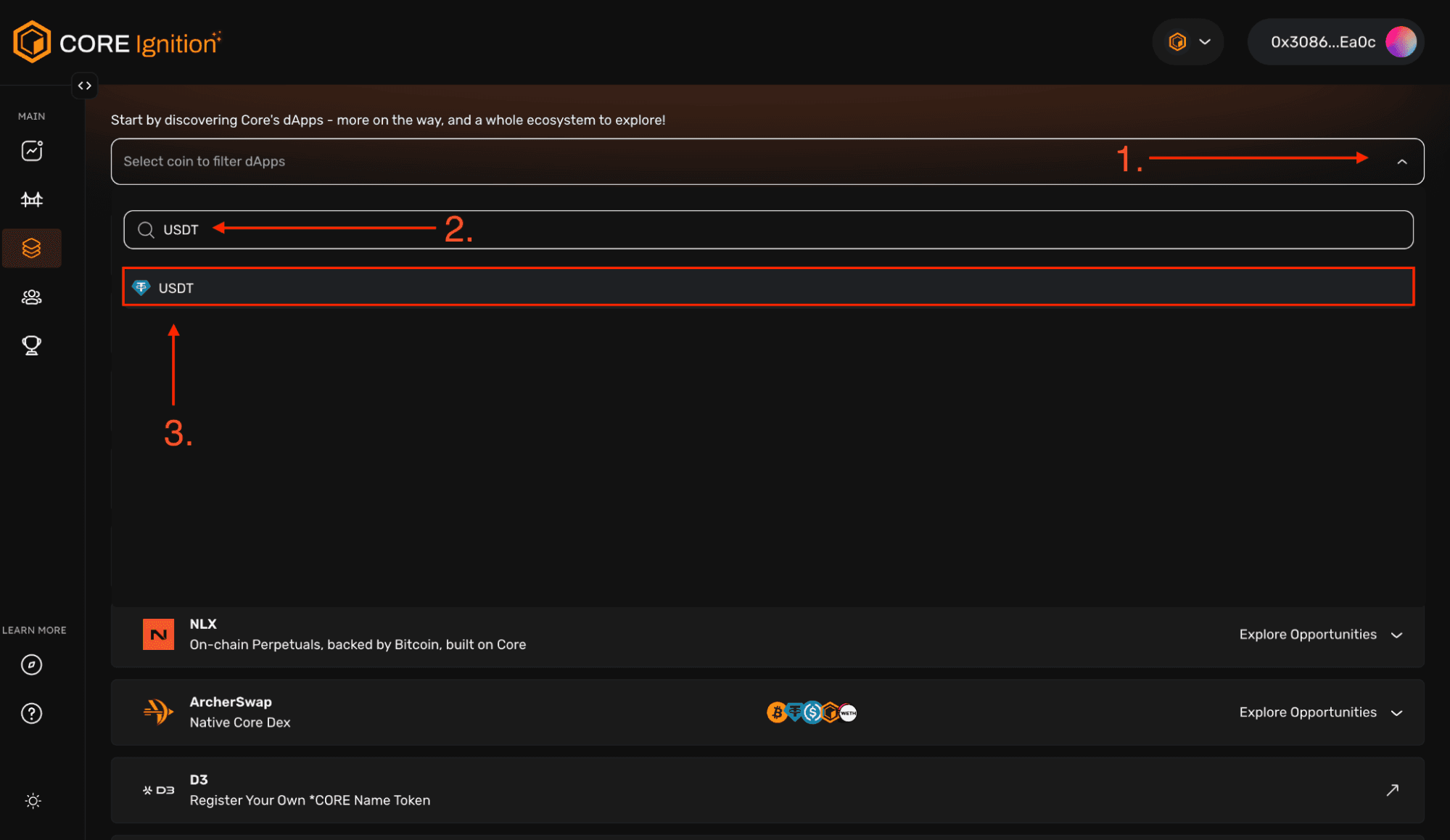 Core Ignition BTCfi (Selection coin to filter dApps)