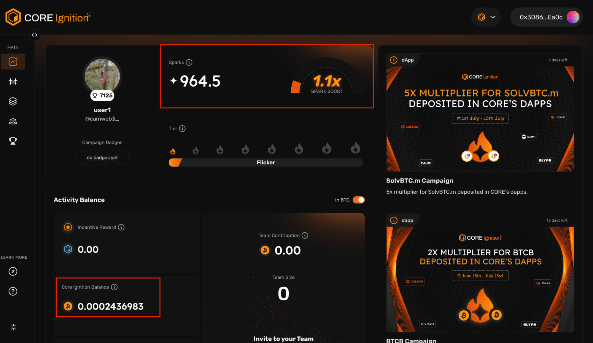 Core Ignition Balance Dashbard