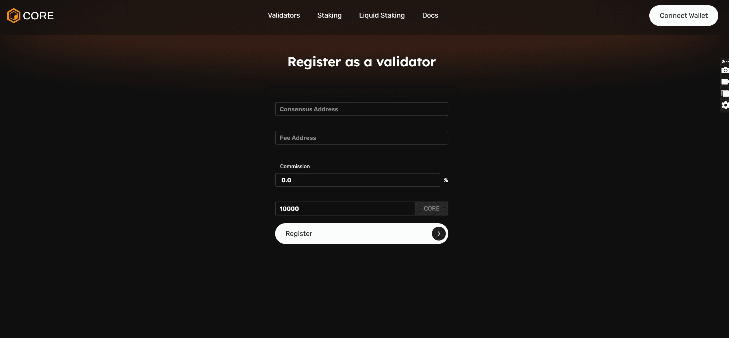 register as validator on Core